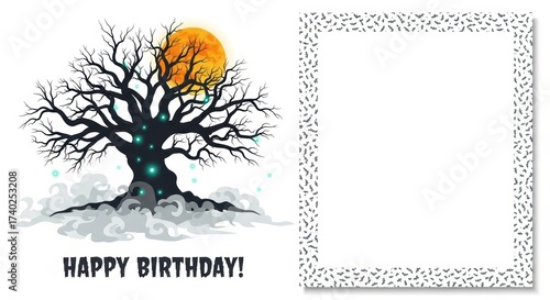 Halloween-themed birthday card design with tree and moon  