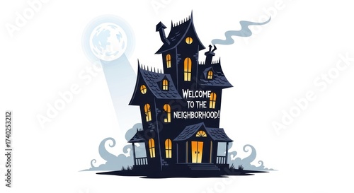 Spooky haunted house illustration with moonlit background  