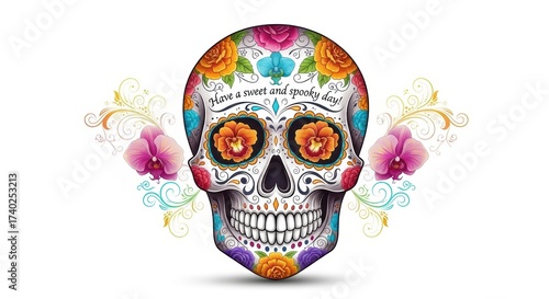 Colorful decorative skull with floral patterns and butterflies  