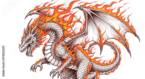 Fiery dragon with wings against a plain white background