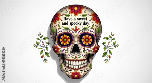 Colorful sugar skull with floral designs and spooky message  