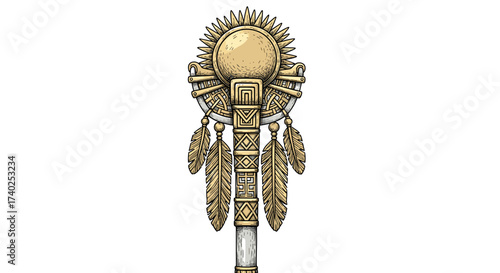 Ornate Ceremonial Staff with Sun Motif and Feather Decorations