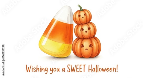 Halloween-themed candy corn and pumpkin stack illustration  