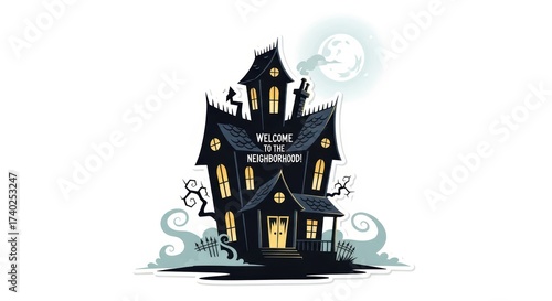 Spooky haunted house with glowing windows against a night sky  