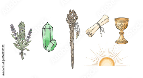 Mystical Still Life: Lavender, Crystal, Staff, Scroll, Chalice and Sunrise