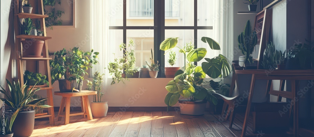 Fototapeta premium Modern loft interior with plants and natural light from large window