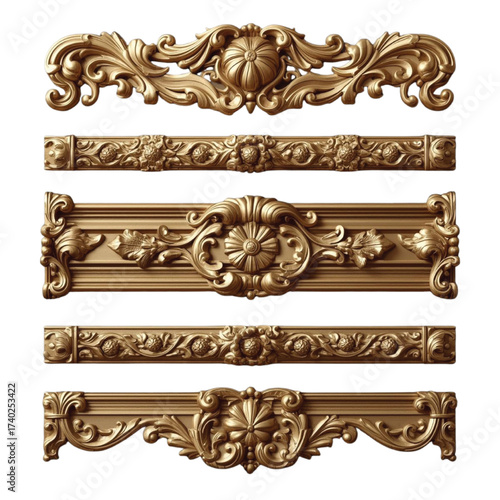 Set of five ornate gold decorative architectural elements