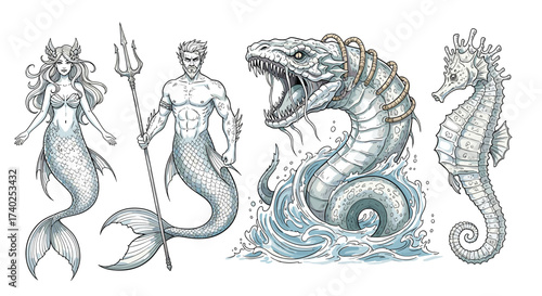 Mystical sea creatures including a mermaid, merman, serpent, and seahorse