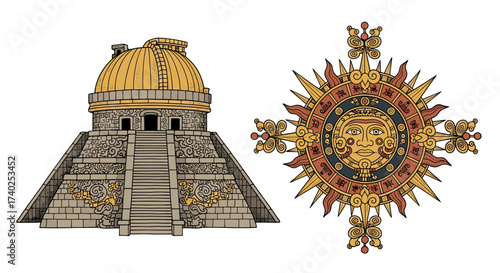 Ancient Mayan Temple and Sun God Illustration on a White Background
