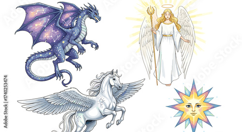 Mythical Creatures and Divine Beings on a Pure White Background
