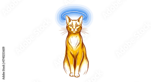 Golden Cat with Halo Illustration on White Background