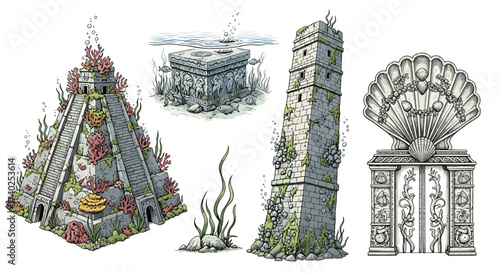 Cartoon Underwater Ruins Featuring Pyramid, Tower, Treasure Chest and Ornate Door