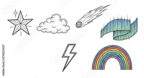 Hand-Drawn Weather Elements Featuring Star, Cloud, Comet, Rainbow, Lightning, Aurora