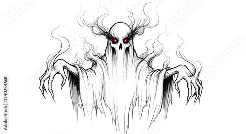 Ghostly Figure with Red Eyes and Smoky Emanations on White