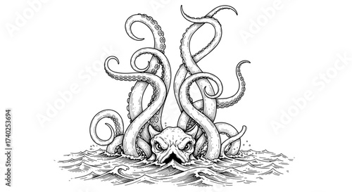 Kraken Rising: An Illustrative Sea Monster with Menacing Tentacles