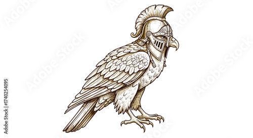 Majestic eagle portrait wearing an ornate medieval knight helmet