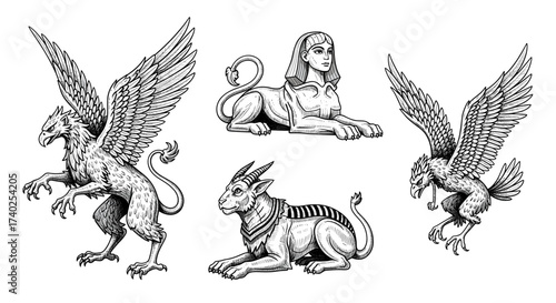 Mythological Creatures Ink Sketch Collection on White Background Illustration