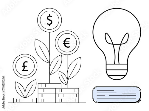 Currency plants growing from stacked coins with symbols for USD, Euro, Pound. Lightbulb represents innovation, investment growth, financial progress. Ideal for finance, business, investment