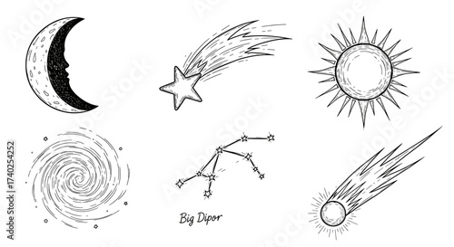 Celestial Sketches: Moon, Sun, Comet, Galaxy and Constellation Art