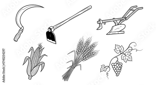 Farming Tools and Crops: A Line Art Illustration for Agriculture