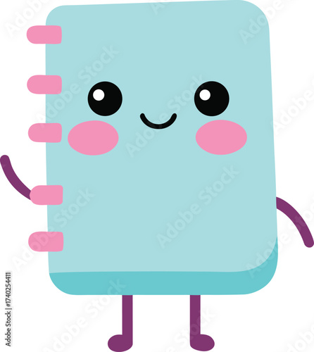 cute cartoon notebook mascot happy face illustration on transparent background