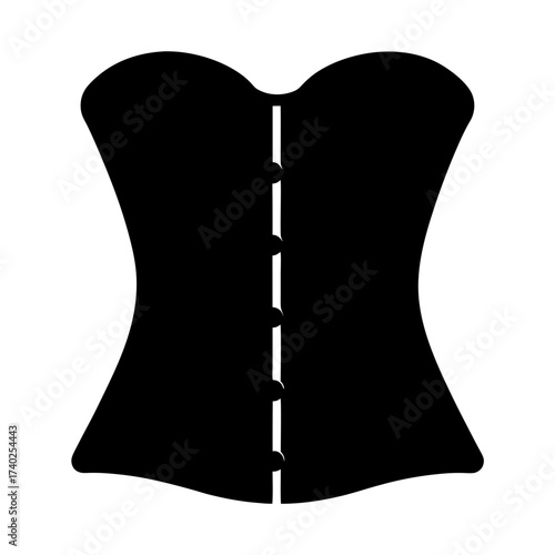 Stylized black silhouette of a corset with five buttons down the front