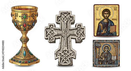 Diverse religious icons: Chalice, Celtic cross, Jesus icon and mosaic