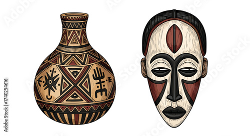 Ornate African Vessel and Mask Displayed on a White Background