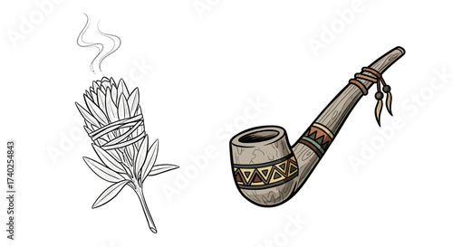 Native American Bundle and Tobacco Smoking Pipe Isolated Illustration
