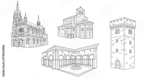 Architectural Line Art: Medieval Buildings and Structures Illustration
