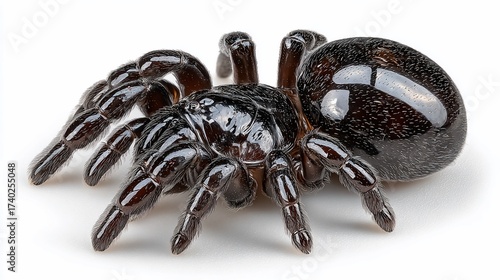 Detailed close-up of a glossy black trapdoor spider on a white background showcasing arachnid