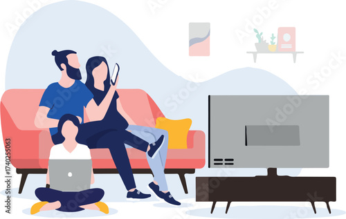 Family using internet at home - Watching tv, using computer and smartphone. Wifi and home network concept. Vector illustration.