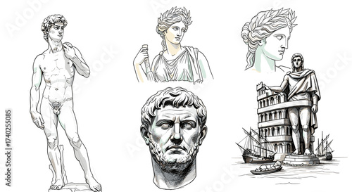 Artful Sketches: A Collection of Classic Sculptures and Architectural Wonders