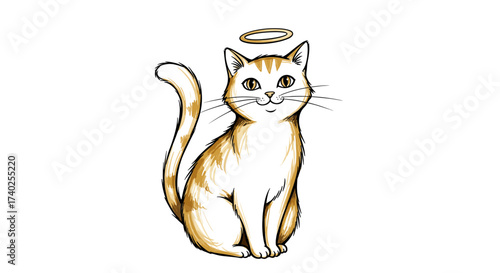 Adorable Angel Cat with Halo Illustration, Isolated on White