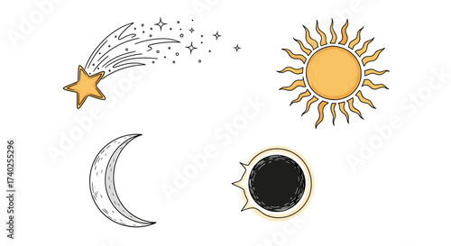 Celestial Collection: Sun, Moon, Star, and Eclipse Doodles on White