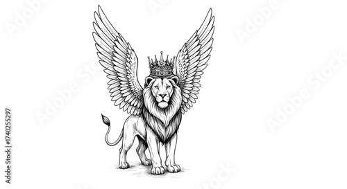 Regal Lion with Wings and Crown, Artistic Black and White