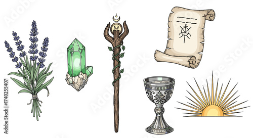 Mystical Elements Still Life: Lavender, Crystal, Staff, Scroll, Chalice, and Sun