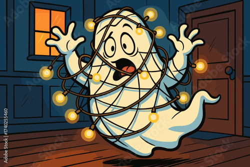 Vector room comical net while ghost lights glowing fairy tangled illustration