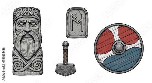 Norse Mythology Elements: Odin Idol, Rune Stone, Thor Hammer, Viking Shield