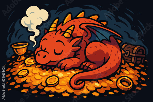 Illustration glowing vector up dragon treasure sleeping from nose puffing asleep