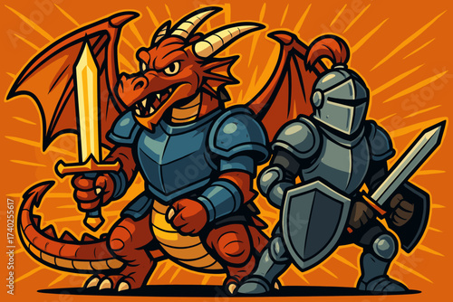 Vector knight holding armor glowing dragon illustration armored wearing sword duo