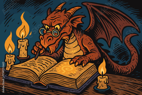 Glasses magical beside book vector illustration old reading candles dragon wise glowing