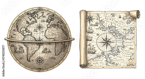 Antique world globe and parchment map with ships illustration