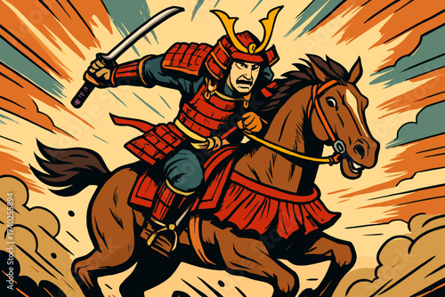 Horse charge dynamic galloping into battle samurai armored riding illustration vector