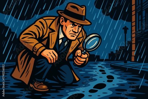 Illustration footprints fedora while vector detective coat street rainy examining