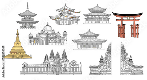 Asian architecture landmarks in detailed line art style illustration.