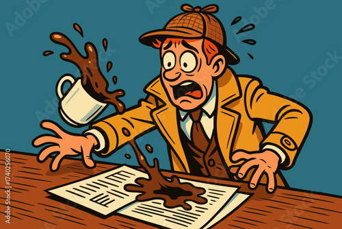 Documents over important detective illustration looking coffee while clumsy vector horrified spill