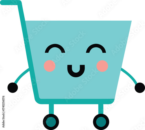 cute cartoon shopping cart mascot pastel colors illustration on transparent background