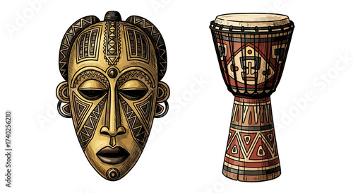 Tribal golden mask and djembe drum with geometric patterns illustration