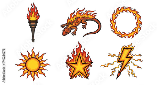 Fiery Vector Set: Torch, Salamander, Circle, Sun, Star, and Lightning
